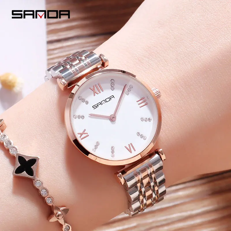 Белый Женские кварцевые часы Лидирующий бренд класса люкс SANDA модные часы Стальные часы женские часы римская шкала женские наручные часы водонепроницаемые - Цвет: Белый