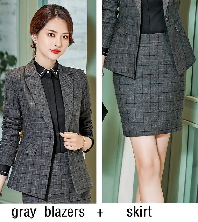 gray blazers skirt Женские костюмы, тонкие весенние клетчатые блейзеры и брюки, комплект из 2 предметов, деловые Деловые женские брючные костюмы, женские костюмы 652 - Цвет: gray blazers skirt
