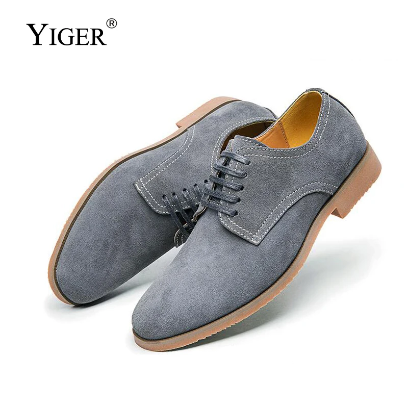 YIGER/Новинка мужские туфли Дерби обувь на шнуровке из коровьей замши большие