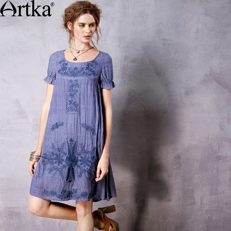 ARTKA Женская летняя Новая Винтажная с круглым вырезом коротким рукавом вышивка