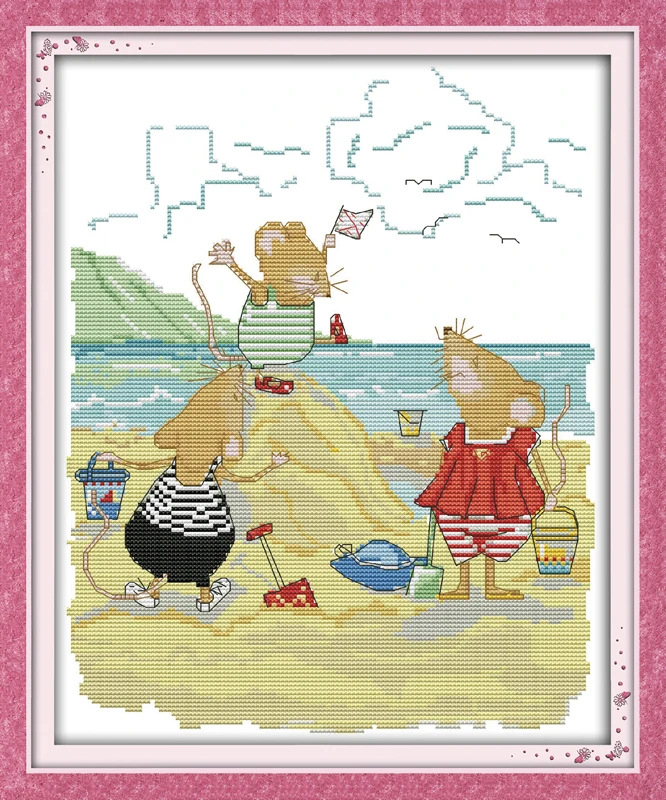 Вышивка крестиком Joy Sunday с мультяшным рисунком мыши на пляже Набор для вышивки