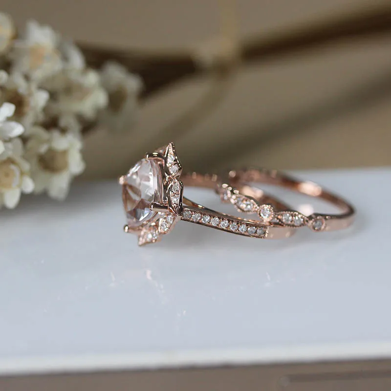 DUPUY 7mm Cushion Cut Classic Engagement Ring Half Eternity Pave Setting Wedding 2PCS 14K Rose Gold Bride Suit D180377 | Украшения и