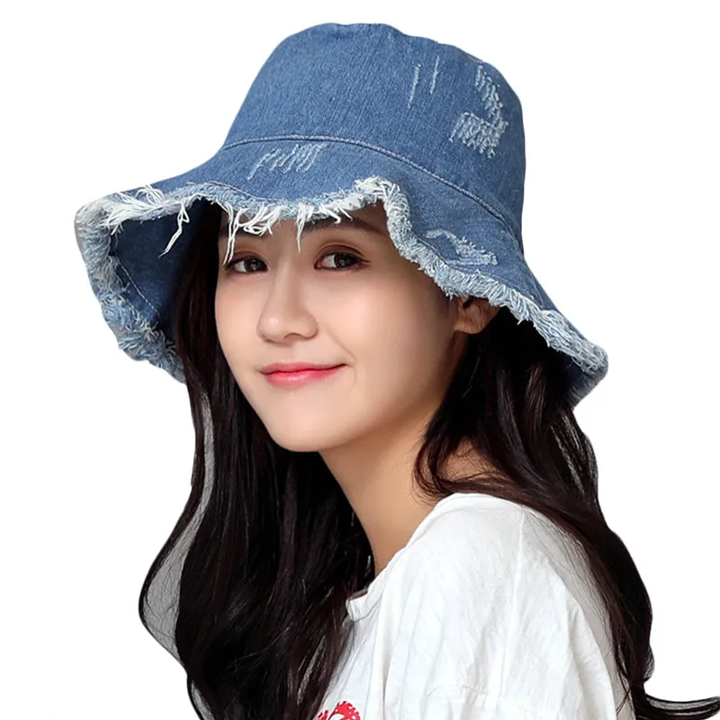 

Summer Washed Denim Sun Hat Women Fashion Tassel Floppy Cap Ladies Wide Brim Cotton Beach Bucket Hats Female Foldable Hat Chapeu