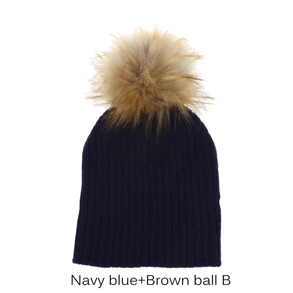 navy blue B Осенне-зимняя новинка, теплая шапка для малышей, мягкая хлопковая шапочка с искусственным помпоном, меховые шапки для девочек и мальчиков, вязаная крючком детская шапка, рождественские шапки - Цвет: navy blue B