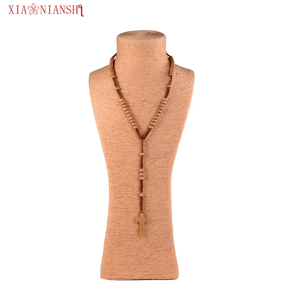 Круглое деревянное ожерелье из сплава цепочка с кулоном в виде Креста Иисуса