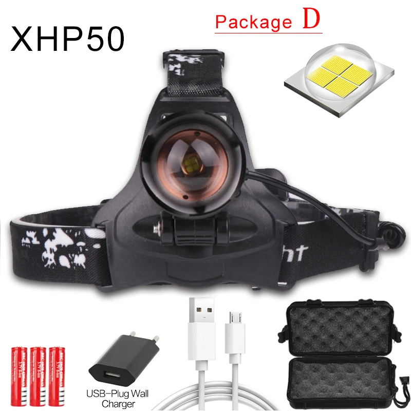 Package D Мощный светодиодный налобный светильник XHP70, масштабируемый налобный фонарь, водонепроницаемый налобный фонарь XHP70 XHP50, налобный светильник, налобный светильник со вспышкой 18650 - Испускаемый цвет: Package D
