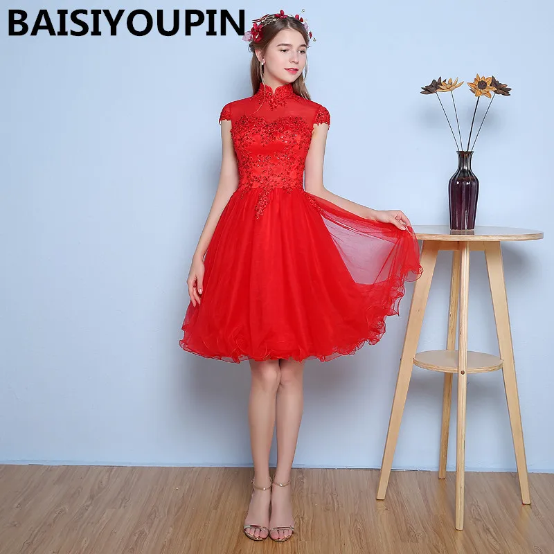 Выпускное платье Vestidos De Renda 2020 с высоким воротом Красные Короткие Выпускные