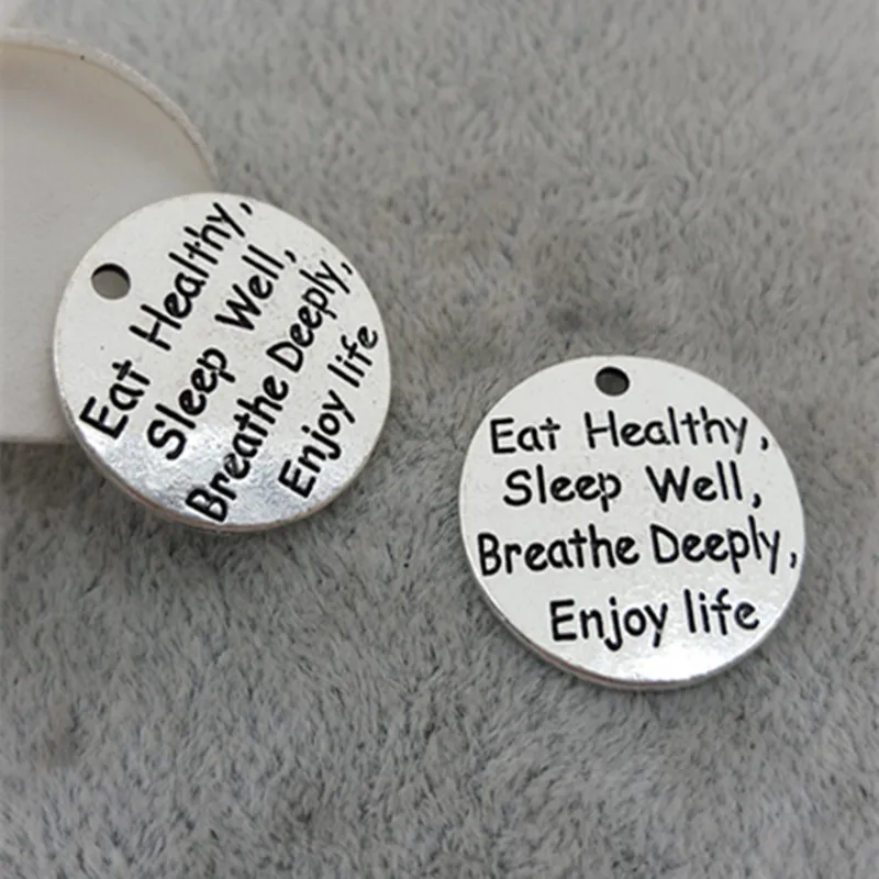 

High Quality 20 Pieces/Lot Diameter 25mm Letter Printed Eat Healthy Sleep Well Breathe Deeply Enjoy Life Words Charm Pendant