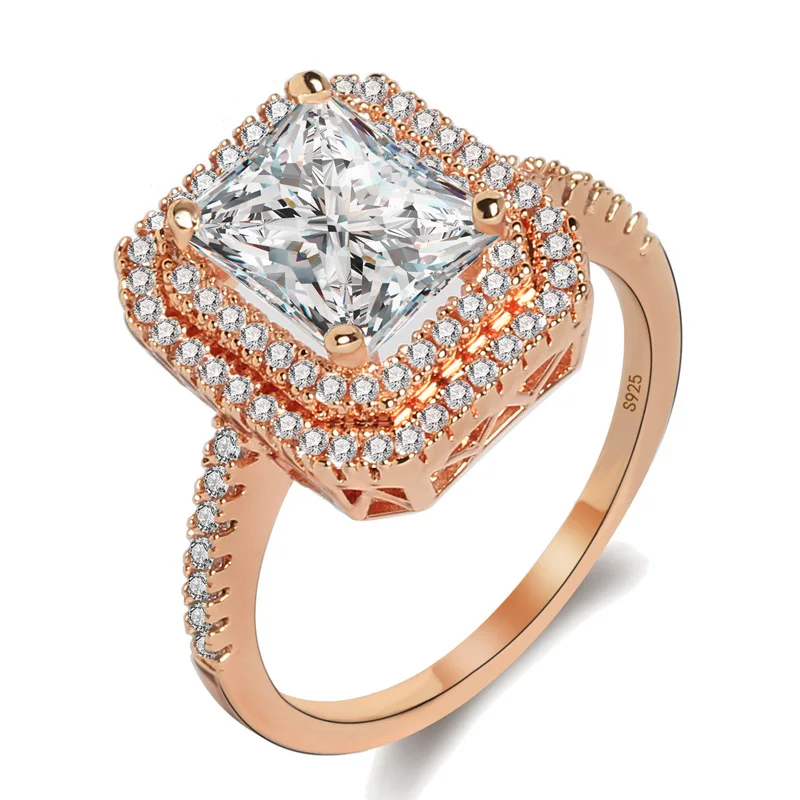 Geometric Rectangle Rose Gold Wedding Ring for Women Micro-inlaid Simulation Fashion Jewelry Engagement Love Rings Gift | Украшения и
