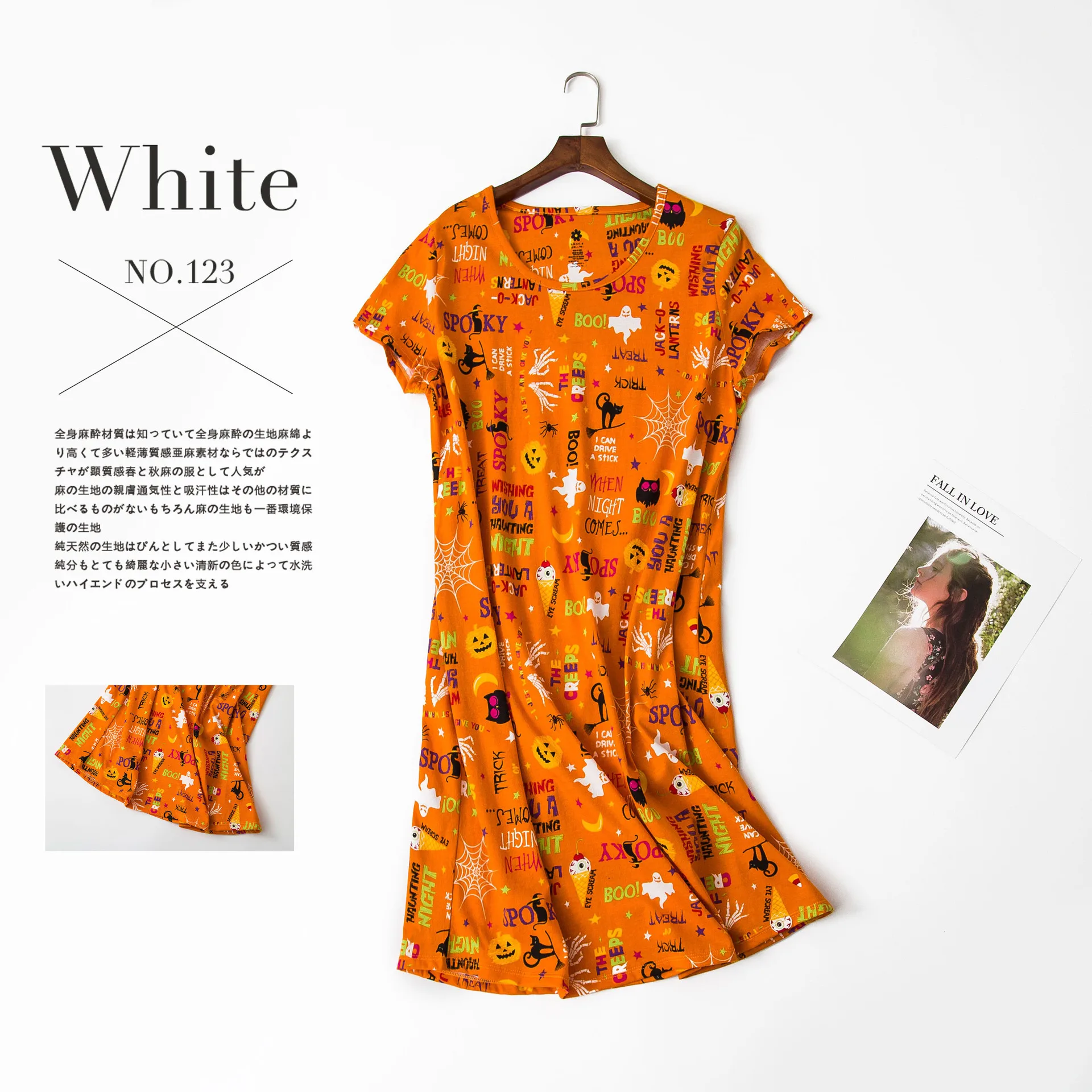Orange Halloween Новинка, хлопковые короткие ночные рубашки с рукавами, милая семейная одежда с героями мультфильмов, женские пижамы размера плюс, юбка для сна, простые платья - Цвет: Orange Halloween