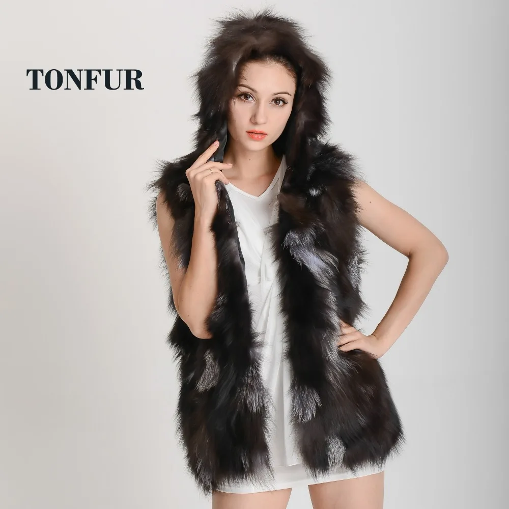 Новое поступление 2019 женский жилет из натурального Лисьего меха с капюшоном