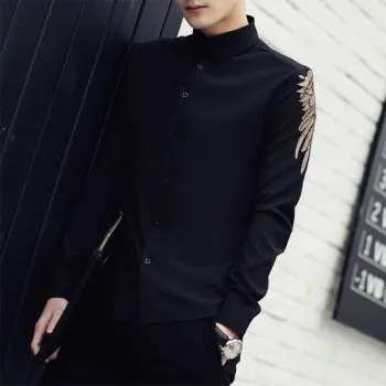 Chemise Homme, новинка, Весенняя однотонная мужская рубашка с длинным рукавом и вышивкой, корейская мода, приталенная повседневная мужская рубашка, черная, белая, 3XL-M - Цвет: Черный