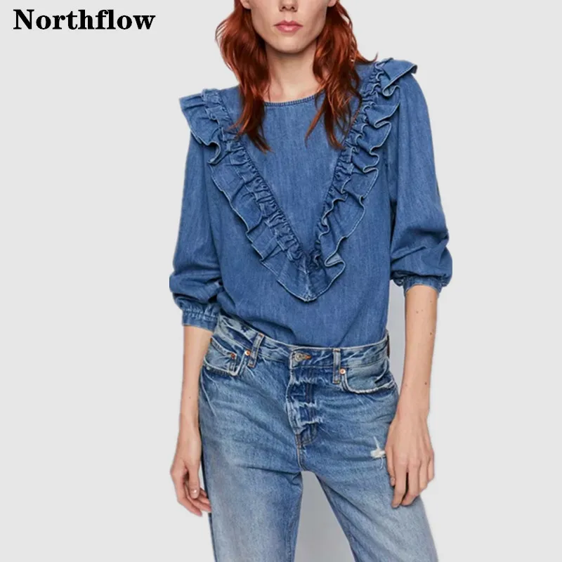 Northflow 2019 blusas блуза mujer de moda кимоно каскадные оборки однотонные джинсовые блузки с