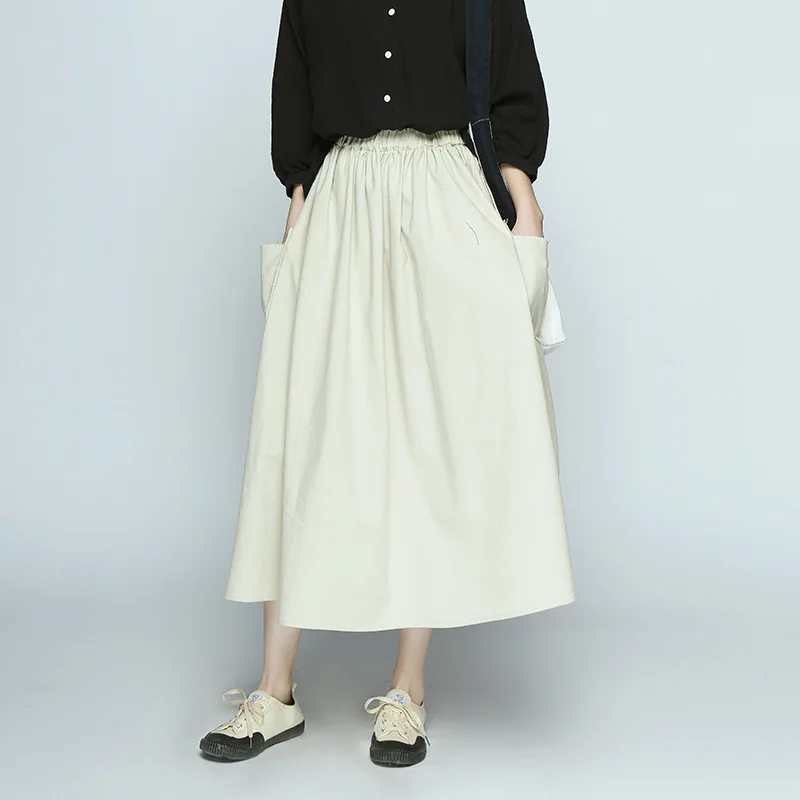 beige NINI WONDERLAND Весенняя льняная хлопковая юбка женская однотонная эластичная талия Большой размер трапециевидная юбка Женская Повседневная Длинная юбка - Цвет: beige