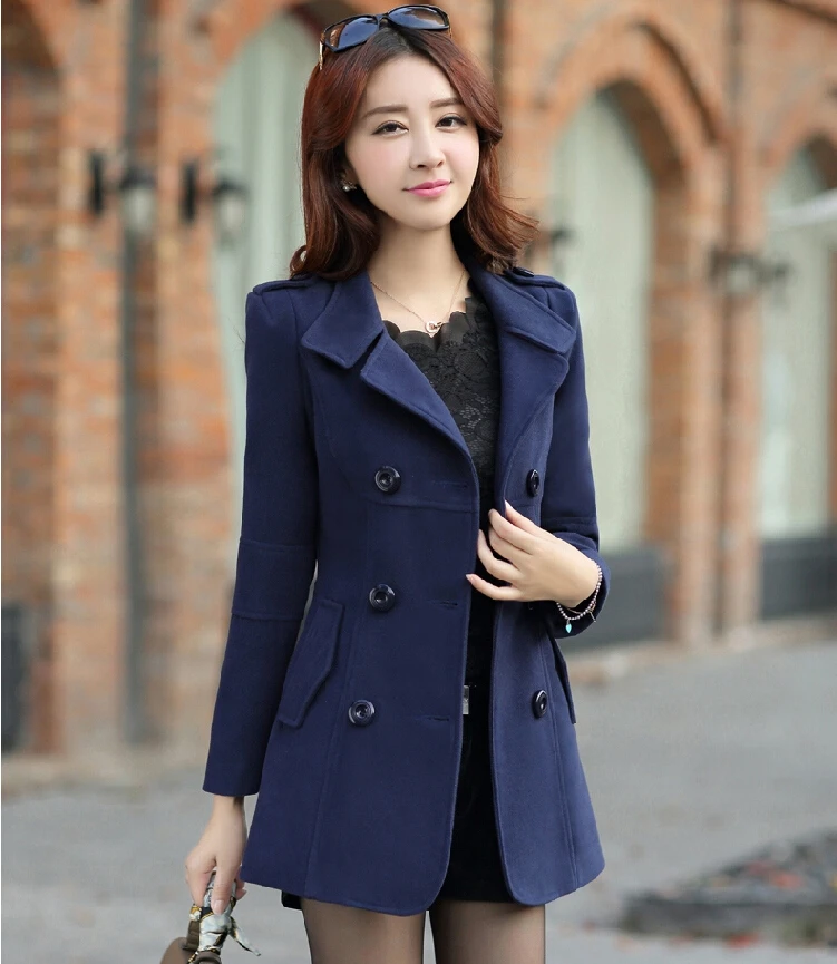 Женское двубортное шерстяное зимнее пальто с длинными рукавами и лацканами
