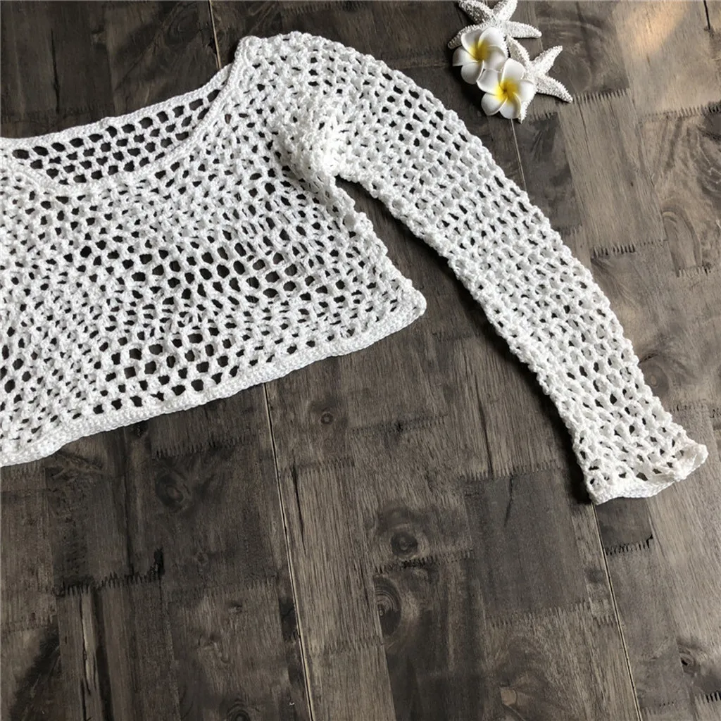 2019 Сексуальное Женское вязаное Сетчатое пляжное платье купальник с длинными