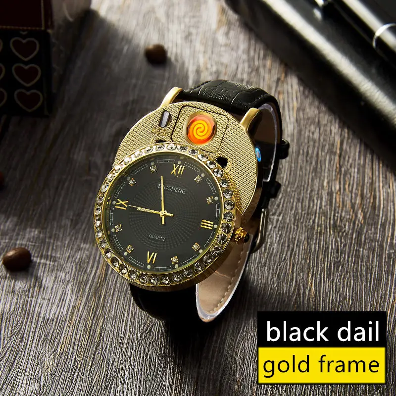 gold black no box Мужские часы-прикуриватель, кварцевые часы с зарядкой от USB, роскошные часы с бриллиантовым циферблатом, повседневные наручные часы, мужские часы, JH391-1, 1 шт - Цвет: gold black no box