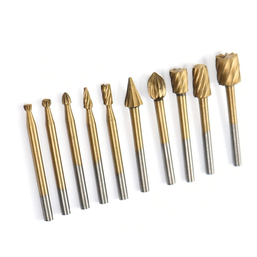 

10pcs HSS Titanium Routing Rotary File Cutter Drill Grinder Cutter Woodworking Carving Milling Cutter For Power Tools