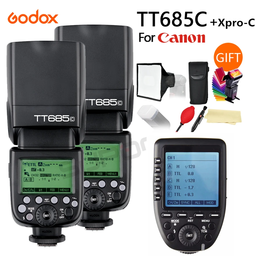 2x Godox TT685C Высокоскоростная синхронизация внешняя Вспышка TTL Speedlite + XPRO C 15*17 см