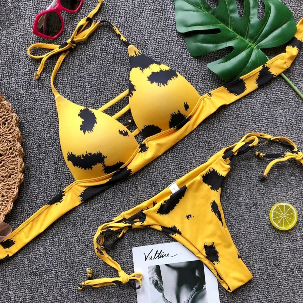 Желтый бикини с леопардовым узором 2018 летний сексуальный купальник женский Maillot