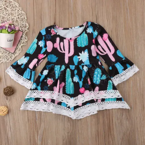Kids Baby Girl One Piece Cactus Long Sleeve Cotton Lace Casual Dress Enfant Kid Children Girls Print Brief Soft Dresses 2-7T | Детская