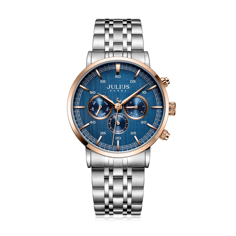 rose gold blue Julius часы мужские Новое поступление 6 рук Многофункциональные деловые часы синий циферблат часы из нержавеющей стали роскошный подарок часы JAH-100 - Цвет: rose gold blue