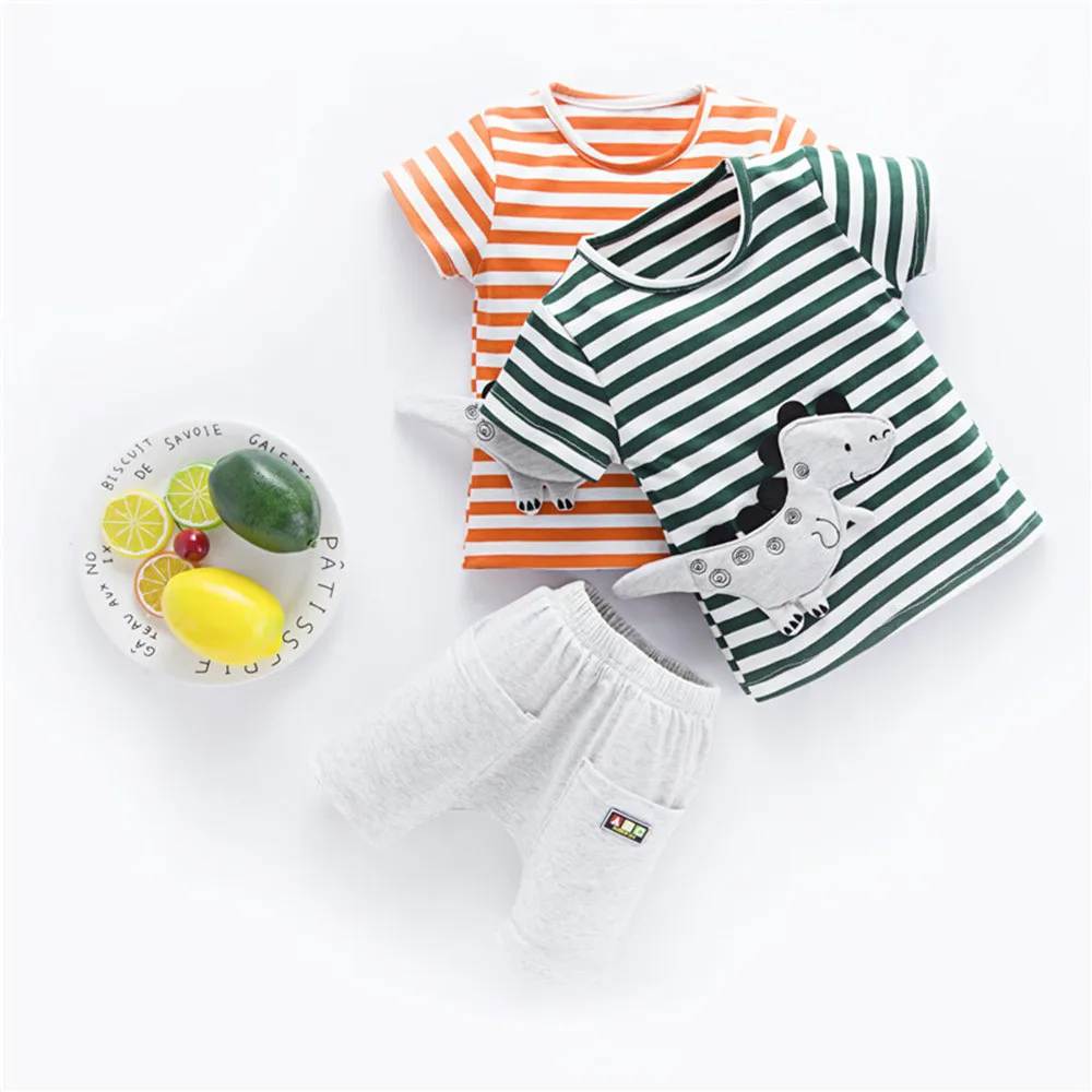 Футболка с рисунком динозавра для маленьких мальчиков топы и шорты в полоску