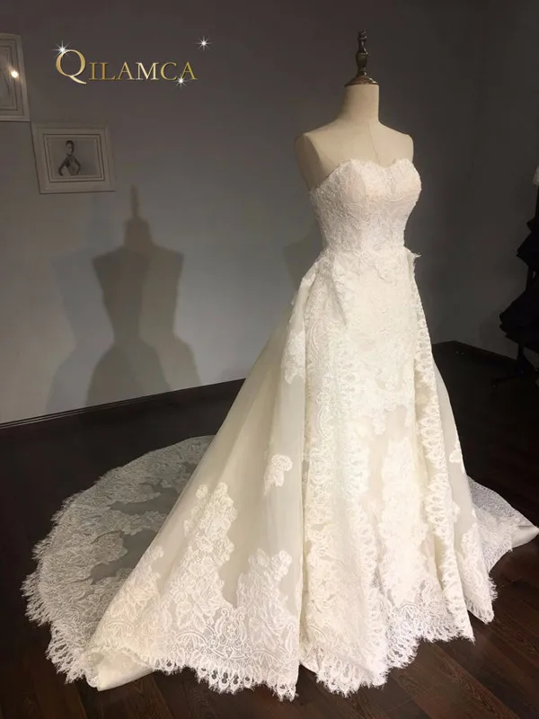 100% настоящая фотография Vestido De Noiva светло шампанского Аппликации Кружева Съемный