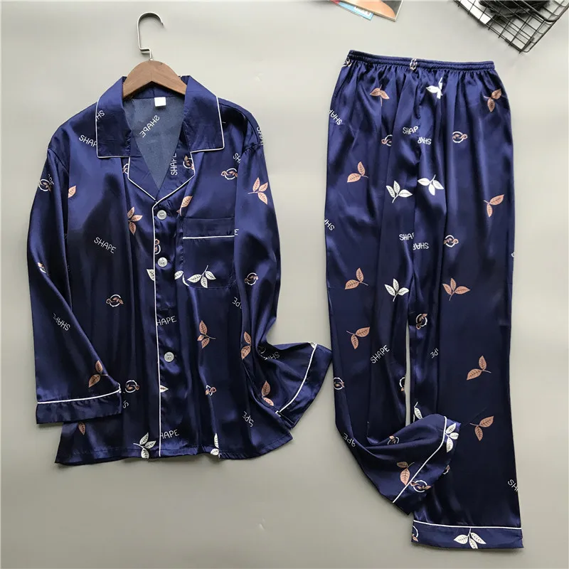 New brand men pajama set long sleeve silk men's pajamas print casual home clothes male sleepwear pyjama suit pijama hombre