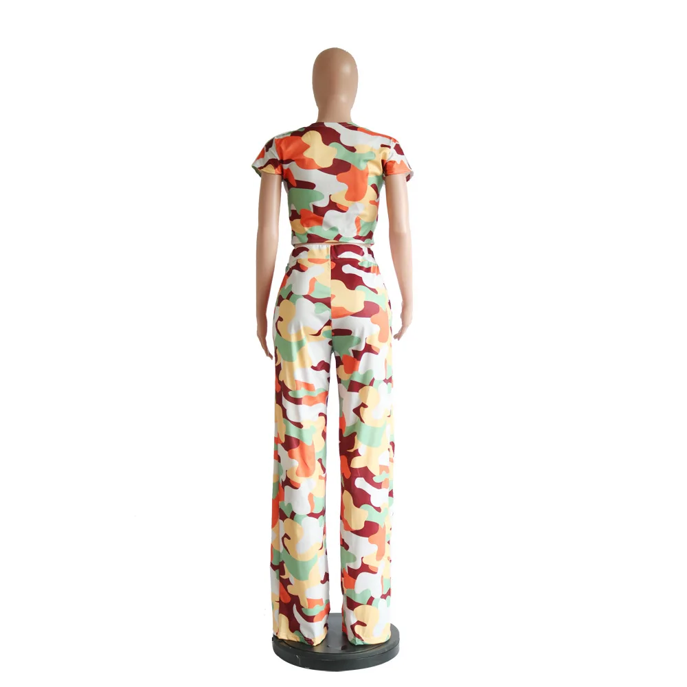 

Geometric Print Sexy Two Piece Tracksuit Women O Neck Short Sleeve Crop Top And Wide Leg Pants Sweatsuits Summer Club Outfits