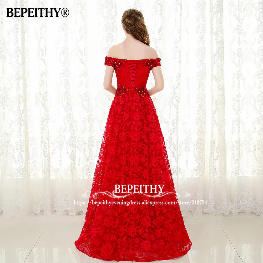 BEPEITHY сексуальные с открытыми плечами кружевные длинные платья для выпускного вечера Robe De Soiree полная длина цветок Новое Вечернее Платье