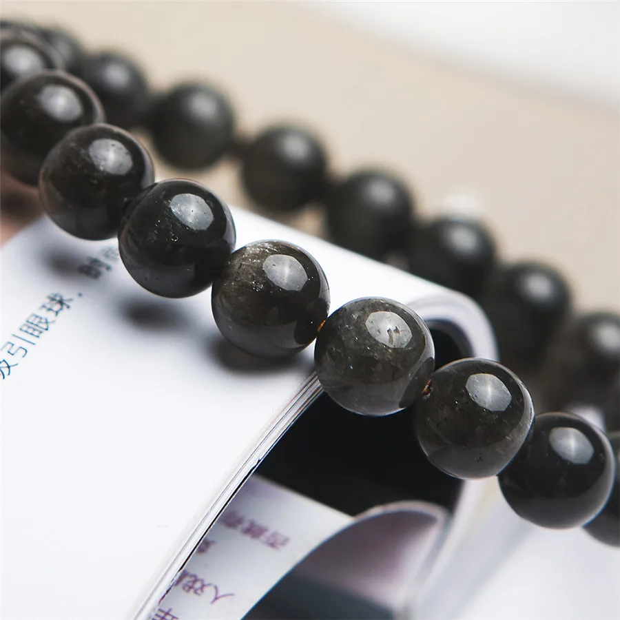 9 мм драгоценный натуральный черный Солнечный камень лунный кристалл стрейч