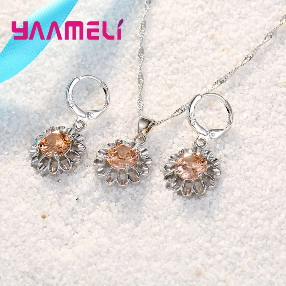 

Factory Price Fashion Jewelry Sets For Women 925 Serling Silver Red Wine Color Sunflower CZ Necklace Pendant Earrings