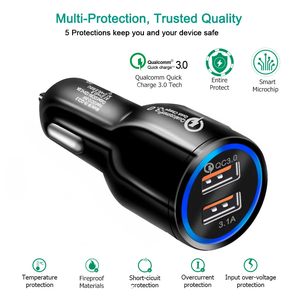 Автомобильное зарядное устройство USB Quick Charge 3 0 для мобильного телефона 2 порта
