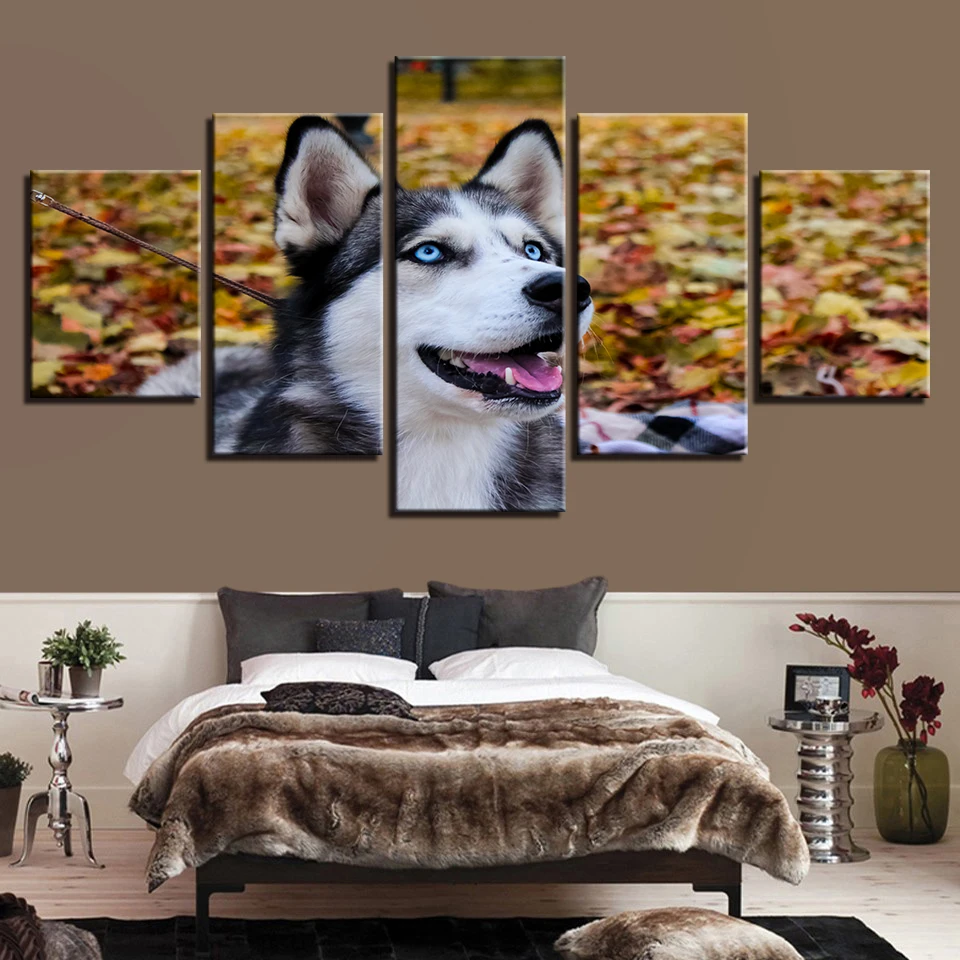 Oturma odsi Için tuval HD baskilar Resimleri Duvar sanati Çerçeve Ev dekor 5 Parça Hayvan Husky Pet Resimlerinde Mavi gézler Kero | Дом и
