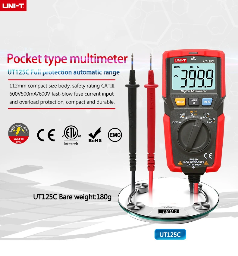 UNI-T UT125C цифровой карманный мультиметр DMM Электрический измеритель NCV тест AC DC напряжение тока резистор конденсатор Тест er Multimetro