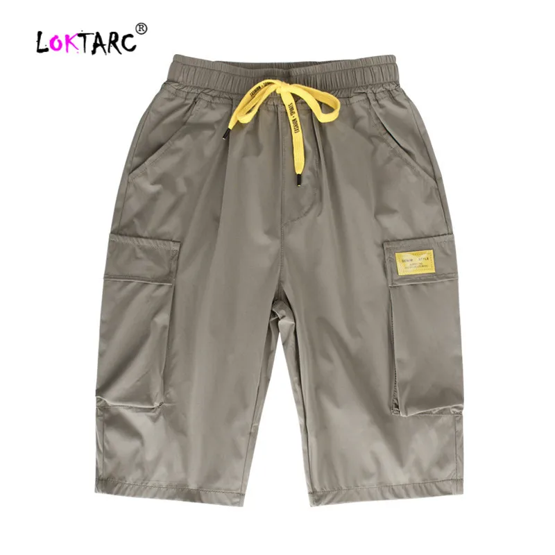Khaki LOKTARC/шорты для мальчиков детские короткие штаны шорты-карго для маленьких мальчиков с несколькими карманами и завязками модные широкие брюки Cortos - Цвет: Khaki