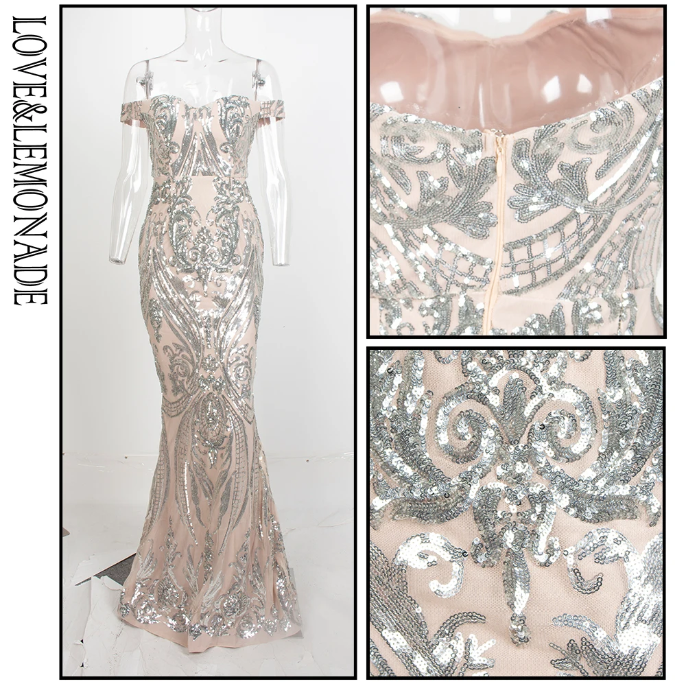 

LOVE&LEMONADE Off the Shoulder Geometric Sequins Bodycon Long Dress LM81343
