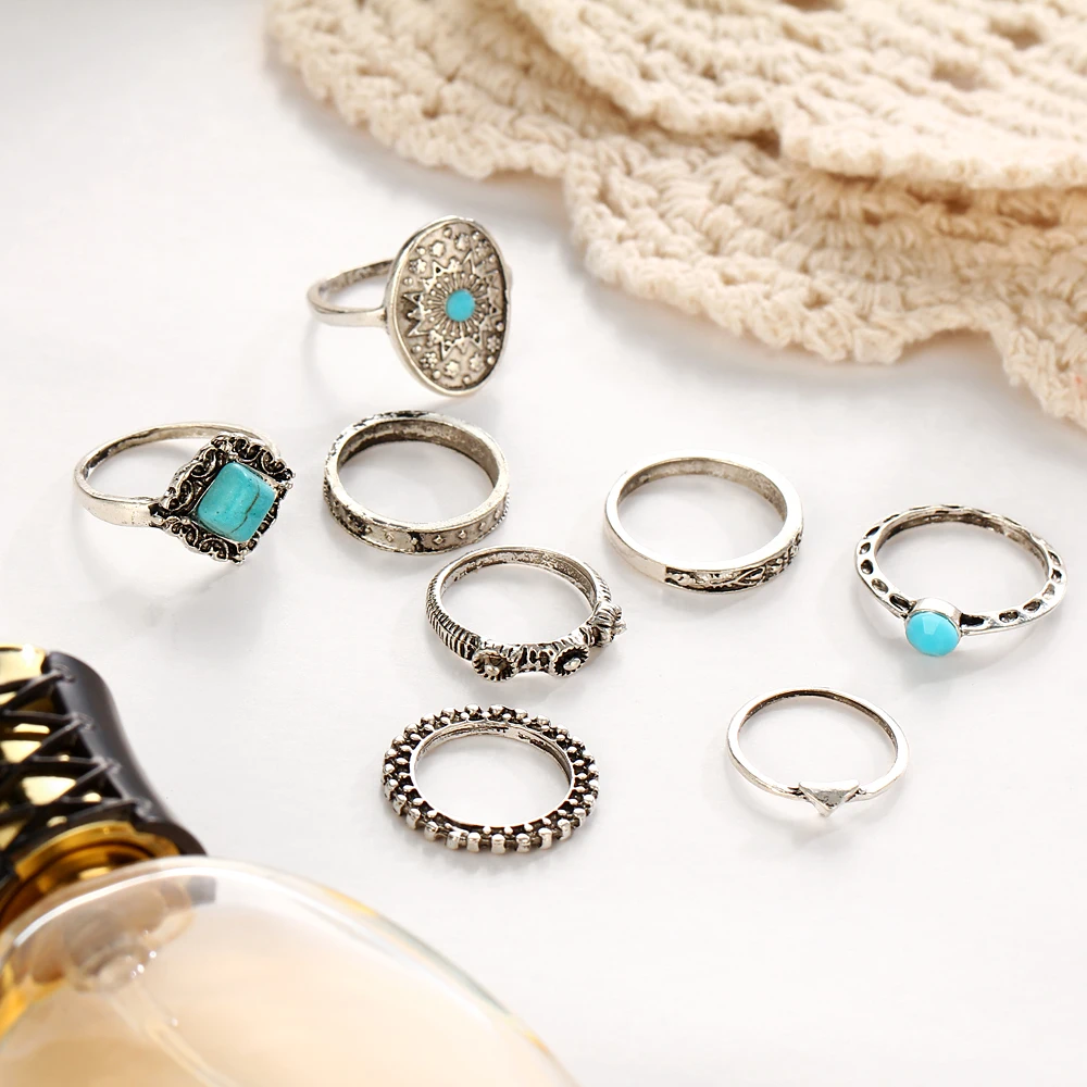 Women Retro Knuckle Ring Sets 8piece /set Blue Stone Jewelry Big Rings Midi Joint Carved Heart Party Fashion | Украшения и