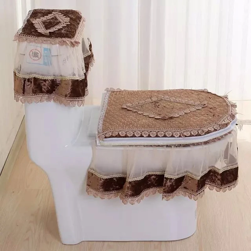 

New 3 PCS/Set Gold Velvet Lace Toilet Seat Toilet U-Shaped Mat Home Decoration Bathroom Toilet Mat Cover Sets
