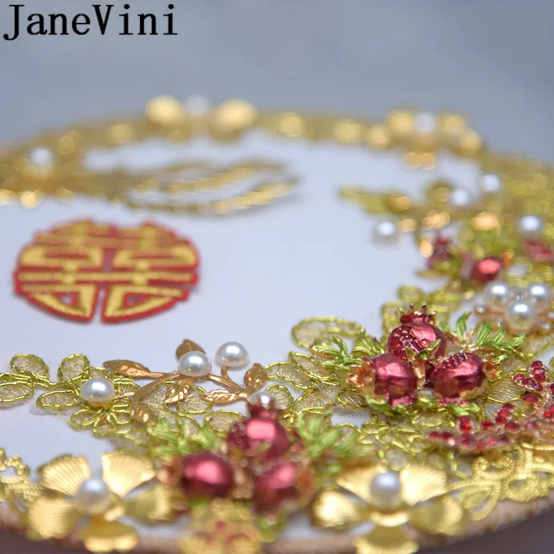 

JaneVini Gold Bridal Fan Bouquet Pearls Golden Flowers Red Pomegranate Wedding Bride Fans Bouquet Fleur Artificielle Mariage