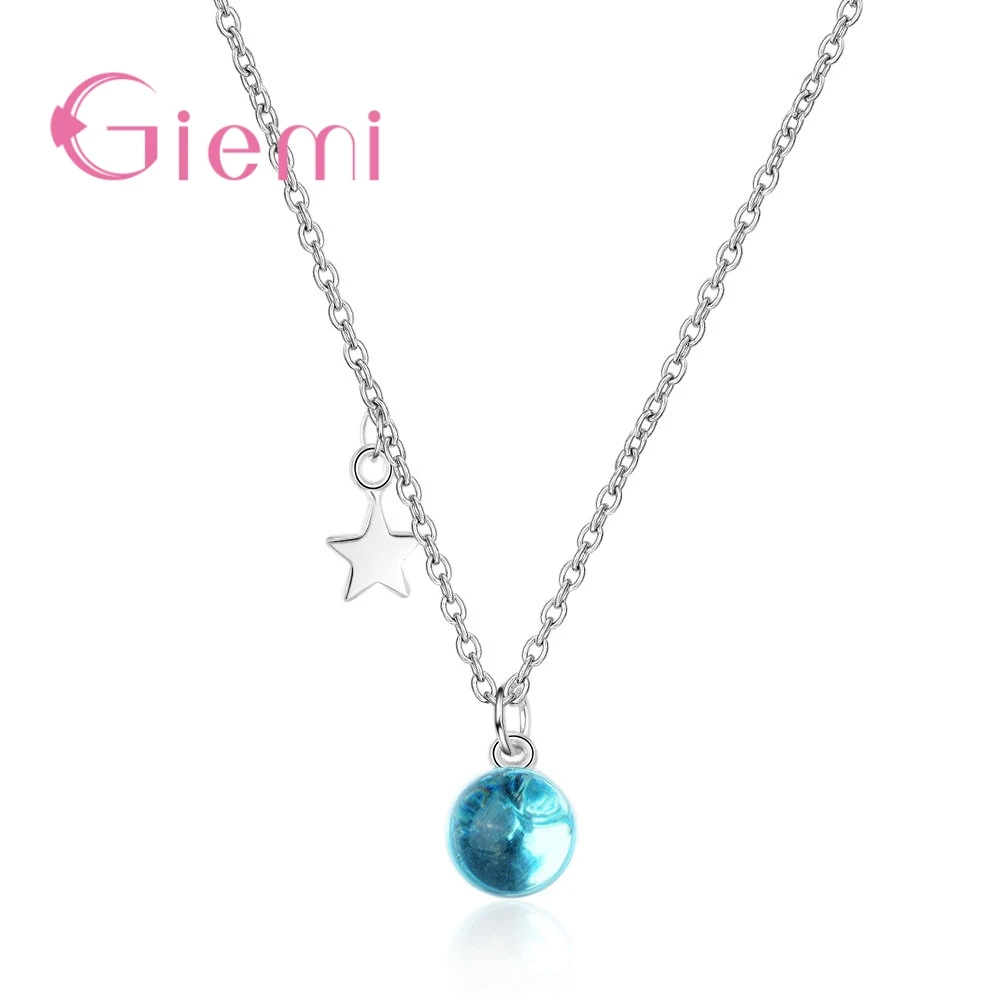 

Elegance New Arrivals Round Ocean Blue Shining Crystals with Stars 925 Sterling Silver Necklace Women Girls Party Jewelry