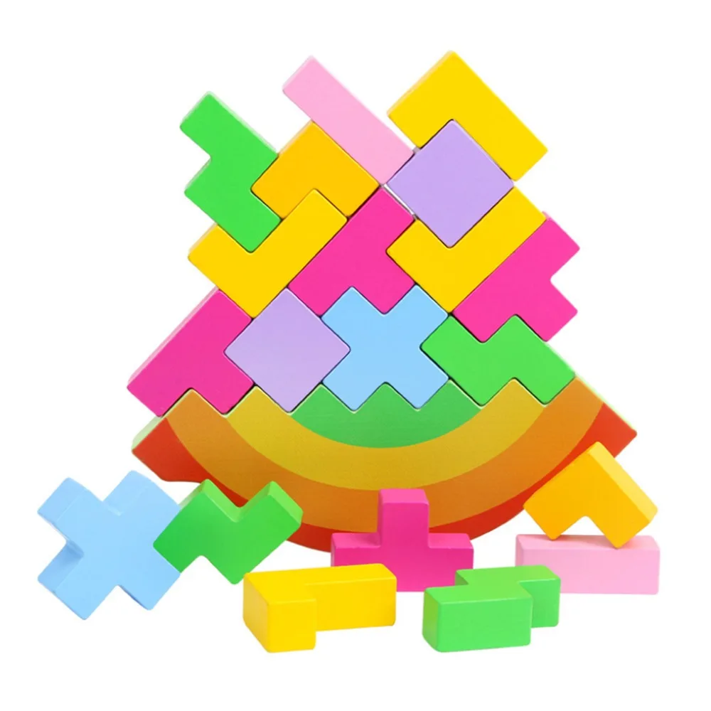 

Wooden Tangram Brain Teaser Puzzle Rainbow Balance Jigsaw Tetris Game Intellectual Educational Stacking Baby Kids Toys