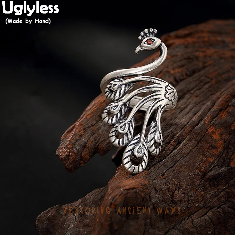 

Uglyless Real 990 Fine Silver Women Handmade Engraved Peacock Finger Rings Hollow Ethnic Thai Silver Opening Ring Phoenix Bijoux