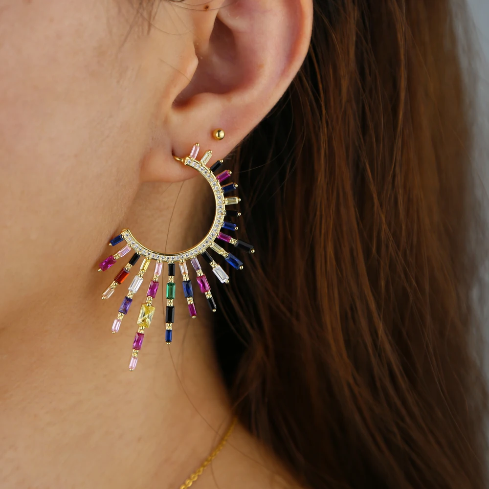 Iced out sparking bling модные радужные Багет cz большие роскошные серьги для женщин Свадебные серьги ювелирные изделия подарок