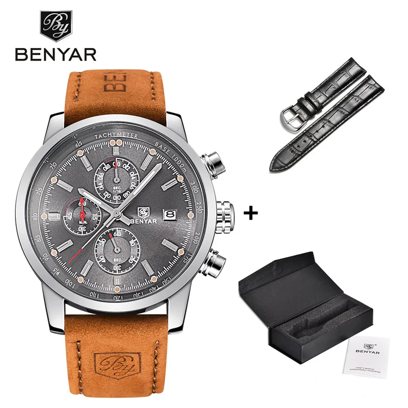 Silver Gray Наручные часы BENYAR, мужские часы, модный набор, кварцевые, Топ бренд, Роскошные, хронограф, кожа, спортивные часы, мужские часы, Relogio Masculino - Цвет: Silver Gray