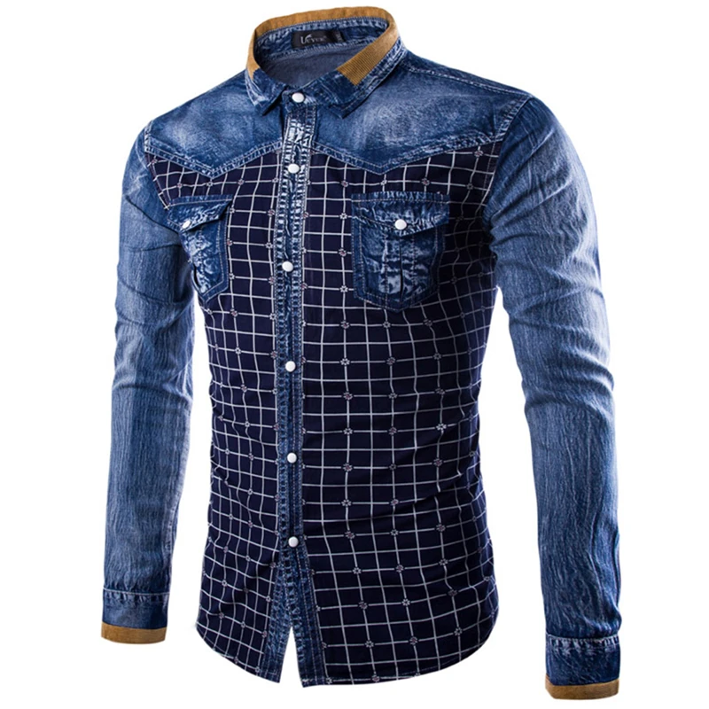 Мода 2017 г. Для мужчин Джинсовые рубашки с длинным рукавом Camisa masculina синего