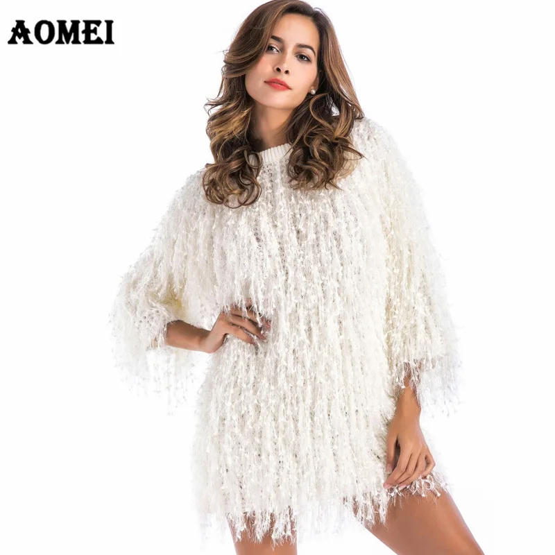 Autumn Faux Fur Crocheted Tassel Fluffy Sweater 2019 Women Tops Three Quarter Fashion Long Party Pullover Femme Winter Warm Wear | Женская