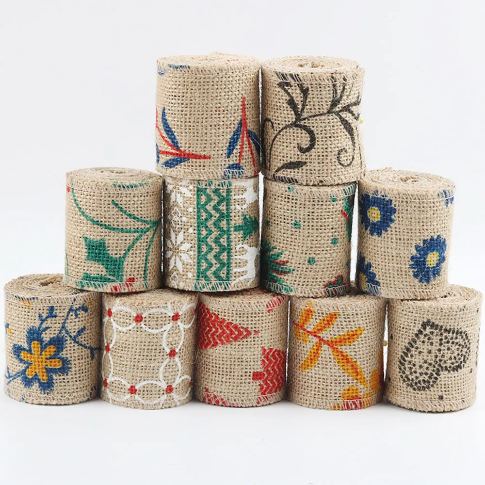

6 cm wide 2 metres/roll Natural Vintage Jute Wedding Party Decor printed jute linen ribbons 15 styles