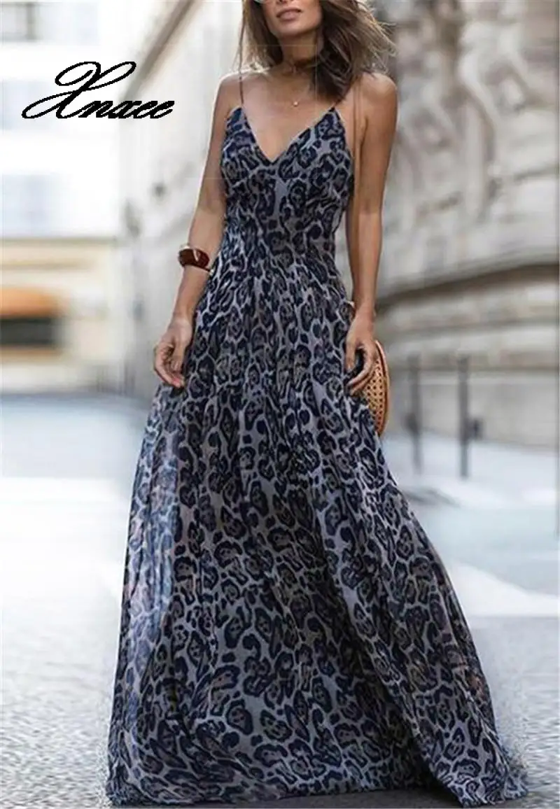 

Women Leopard Print Long Party Dress 2020 Sexy V Neck Gown Elegant Dresses